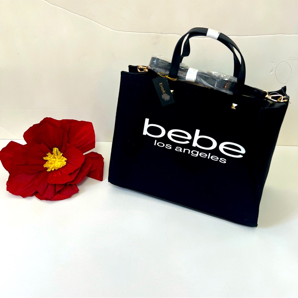 Bebe Black Rian Canvas Tote Bag With Faux Leather Crossbody Strap - Reemoly